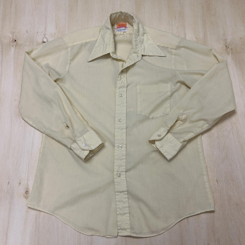 Vintage 70s Zayre Shirt Mens Medium Yellow Solid Long Sleeve Button Up Made USA